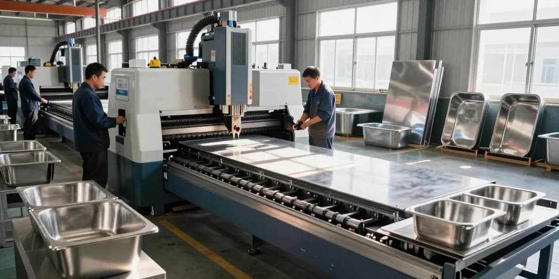 Stainless steel basin factory showcasing skilled workers and advanced manufacturing machinery in a clean industrial environment.