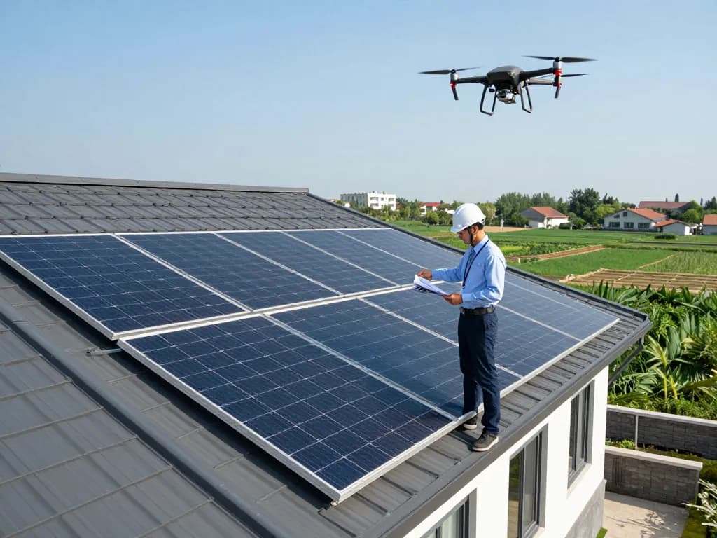 Inspecting solar panel efficiency on rooftop to understand eficiența modulelor fotovoltaice – cum se calculează for sustainable energy solutions.