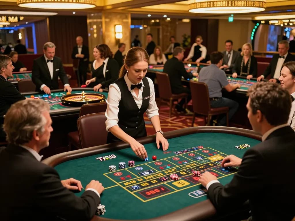 Players engaging at TA88 roulette tables, capturing excitement and betting action in a vibrant casino scene.