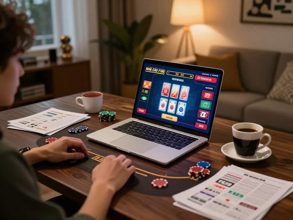 Engaging with NHÀ CÁI F168 on a laptop in a cozy home setting, showcasing online casino gaming.