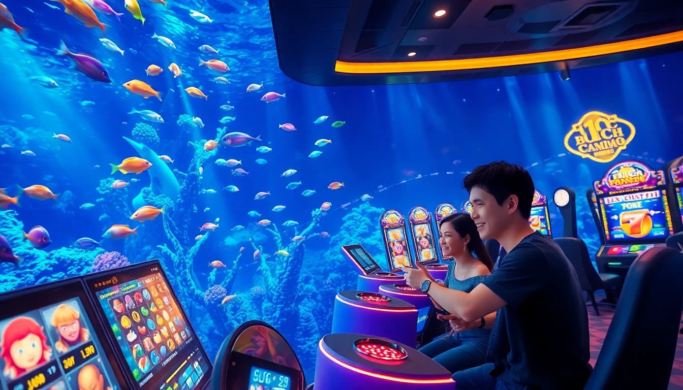 Engaging players actively participating in bắn cá đổi thưởng in a vibrant underwater casino setting.