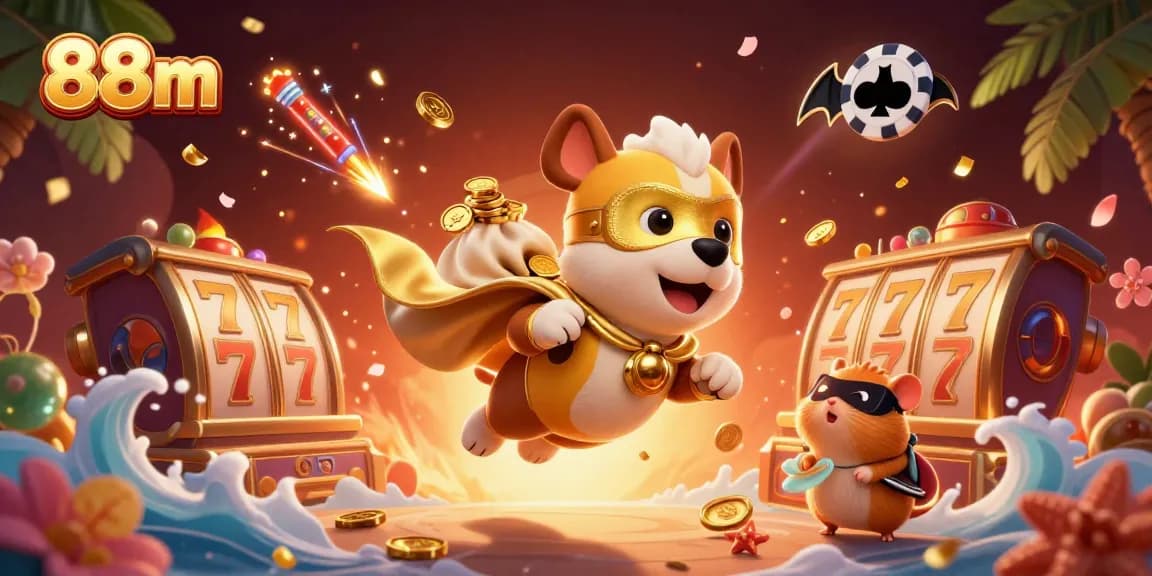 Engage with the thrill of 88m casino games featuring a superhero dog and hamster amidst vibrant slots and gold coins.