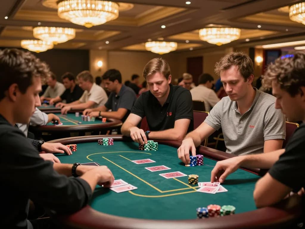 Players engaged in strategic poker gameplay at 789bet, showcasing cards and chips in an elegant casino atmosphere