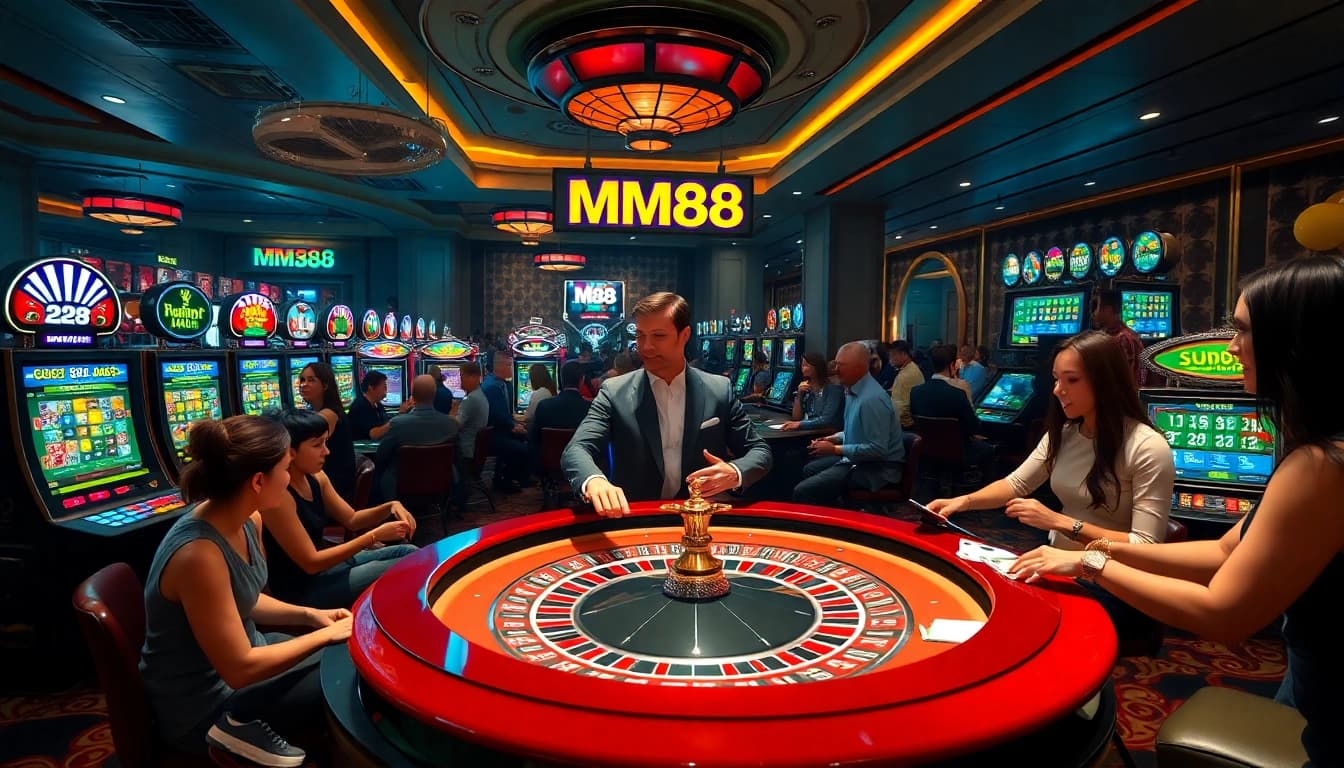 Experience the excitement of MM88 with gamblers at a roulette table amidst vibrant slot machines.