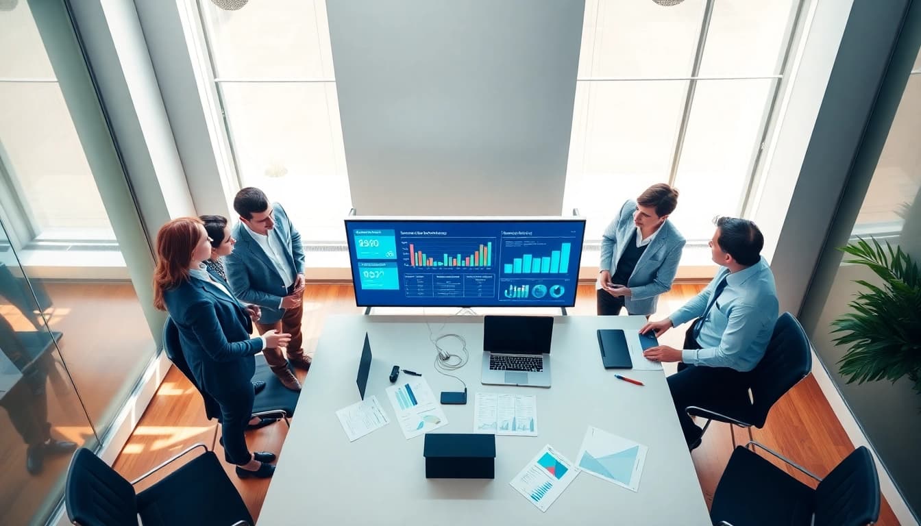 Quickplus Business Consultants strategizing in a modern office setting with vibrant visuals.