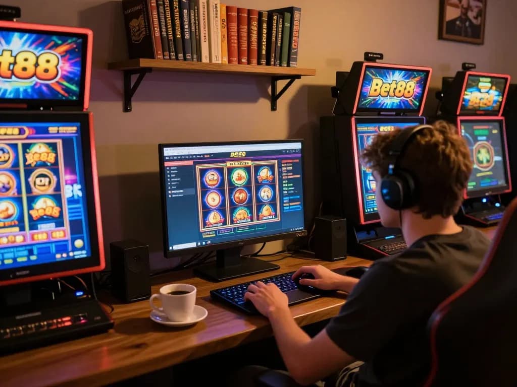 Engaged player using Bet88 for online slots in a cozy home gaming setup.