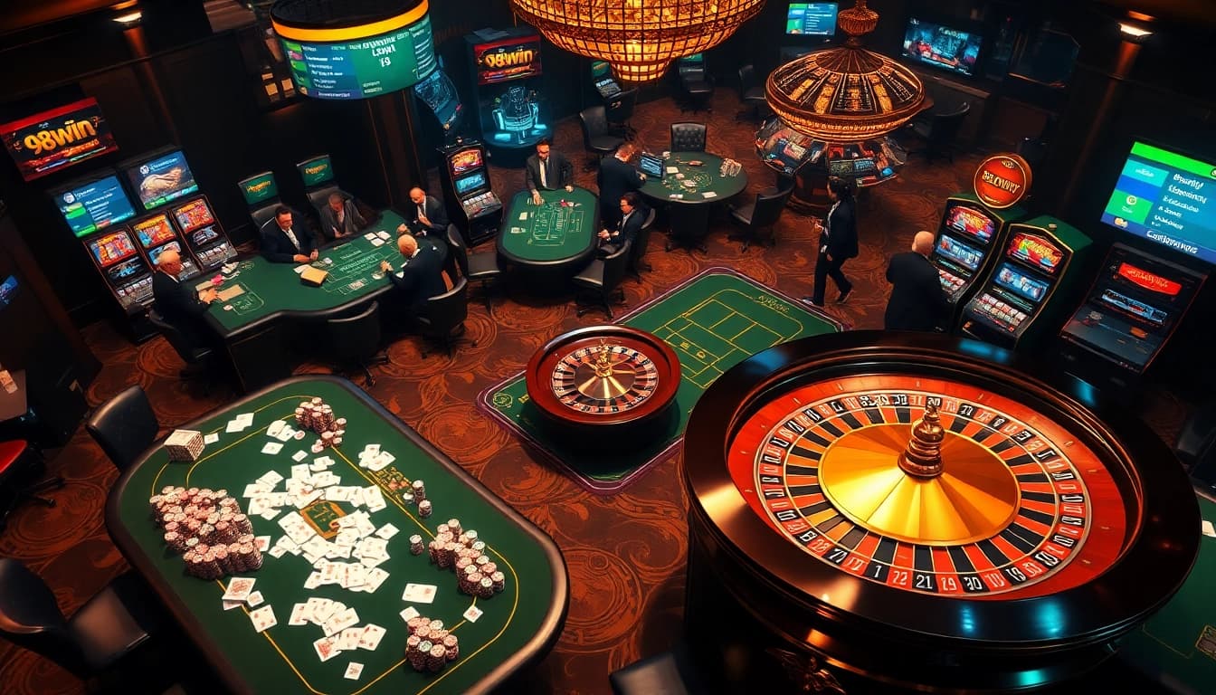 Experience thrilling gameplay at 98win with poker chips and a lively roulette wheel in a luxurious casino setting.