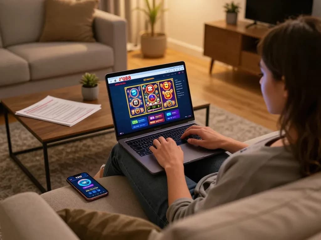 Player enjoying tg88 casino games on a laptop, emphasizing home gaming comfort and strategic fun.