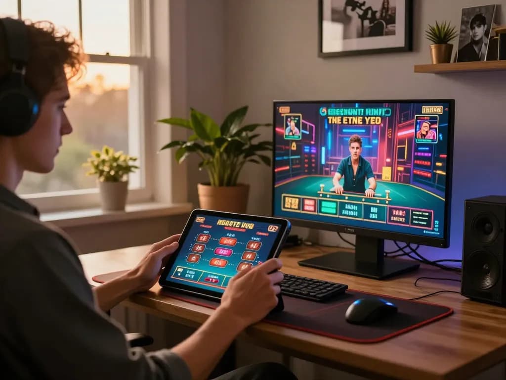fly888 online gaming setup showing a player engaged in responsible gambling strategies from a cozy home.