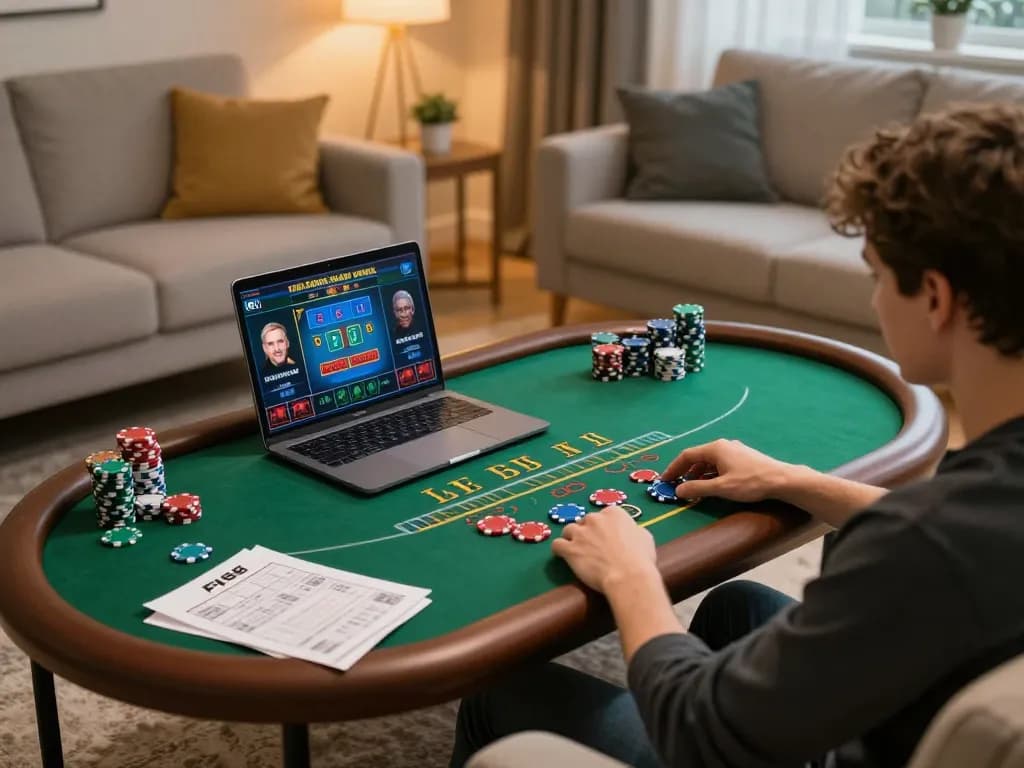 Player engaging in live dealer blackjack at F168 online casino from the comfort of home, showcasing responsible gaming.