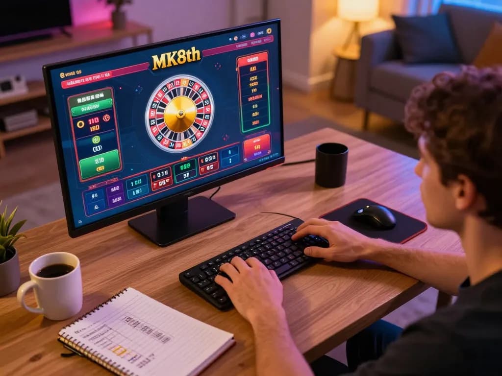 Engaging in online betting on MK8th with vibrant graphics and strategic notes in cozy home.