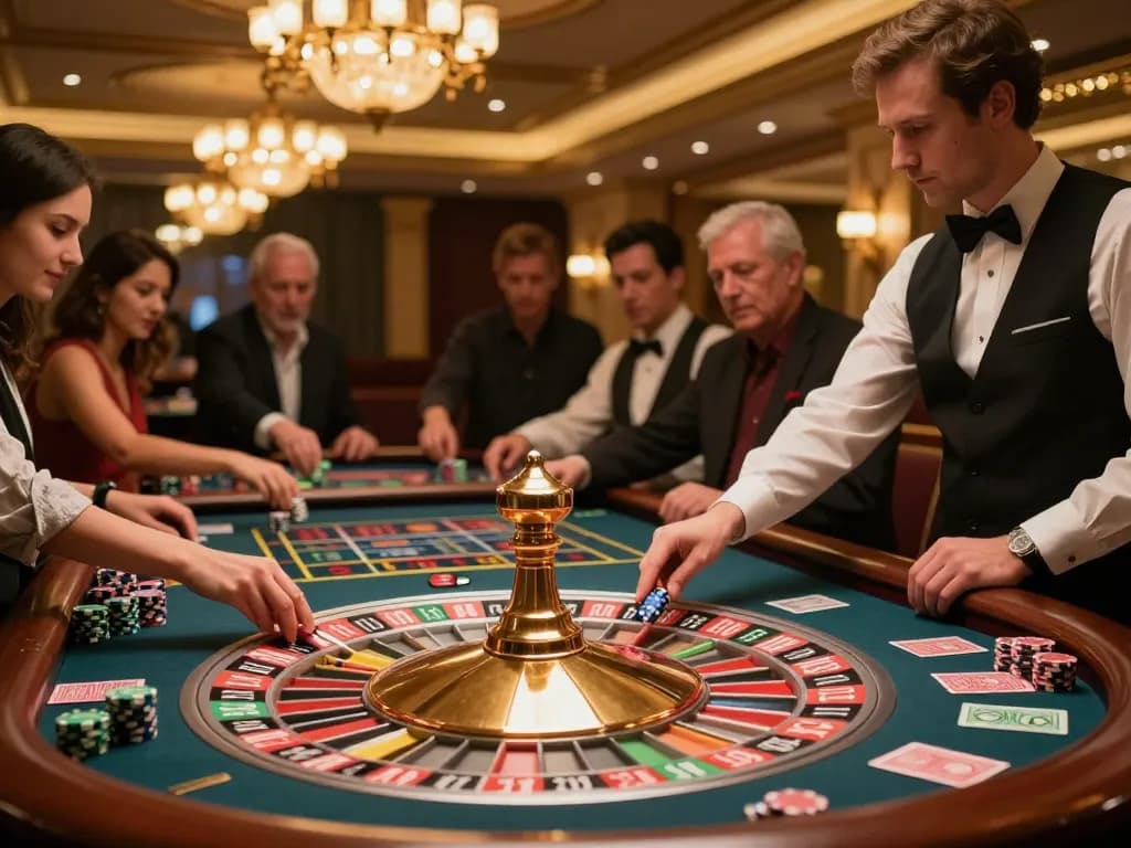 Players bet at the roulette table in an upscale casino environment featuring https://rr88co.net/.
