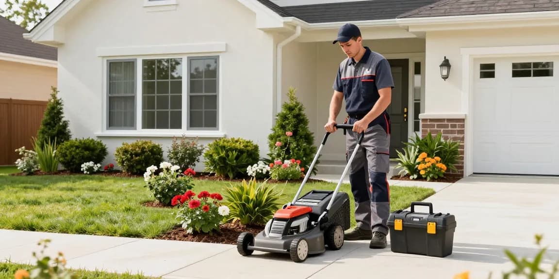 House maintenance technician providing hauswartung solothurn services, showcasing landscaping tools and a well-kept residential property.