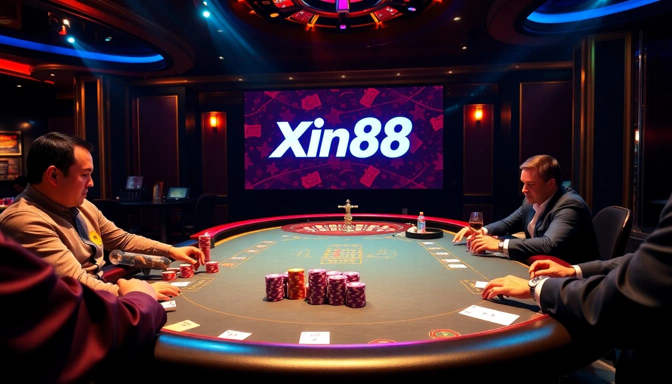 Experience thrilling poker action at Xin88's vibrant casino table with colorful chips and stakes.