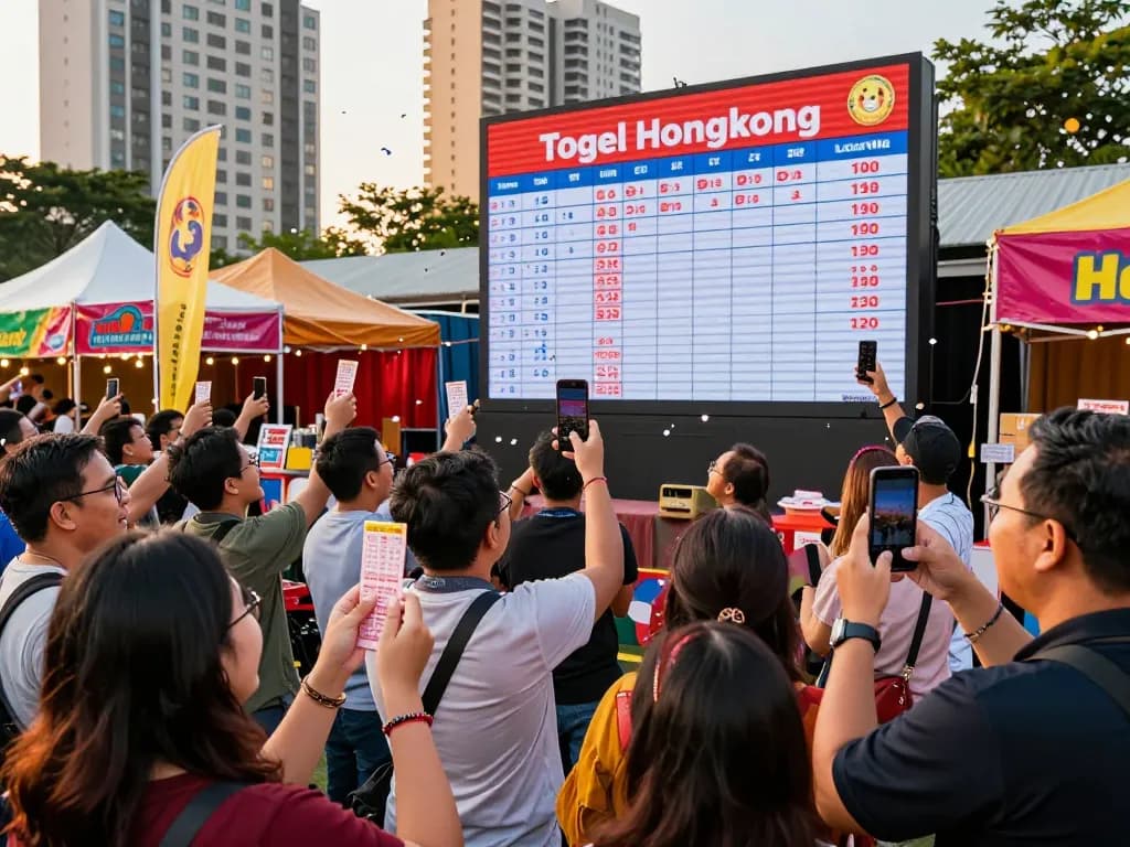 Perayaan hasil Togel Hongkong di acara undian lotere luar ruangan dengan pemain antusias dan tampilan digital.
