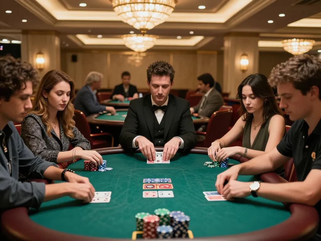 Main poker lapak303 scene with players engaged in intense gameplay at an upscale casino table.