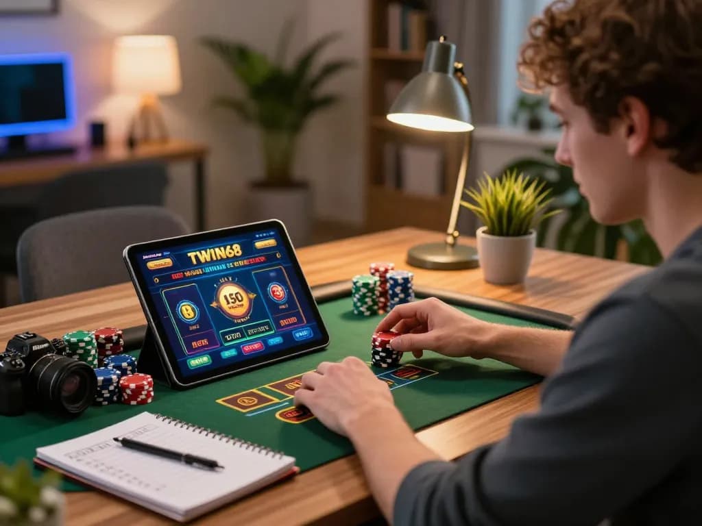 TWIN68 online gaming session showcasing a player using a tablet to strategize bets in a cozy home setting.