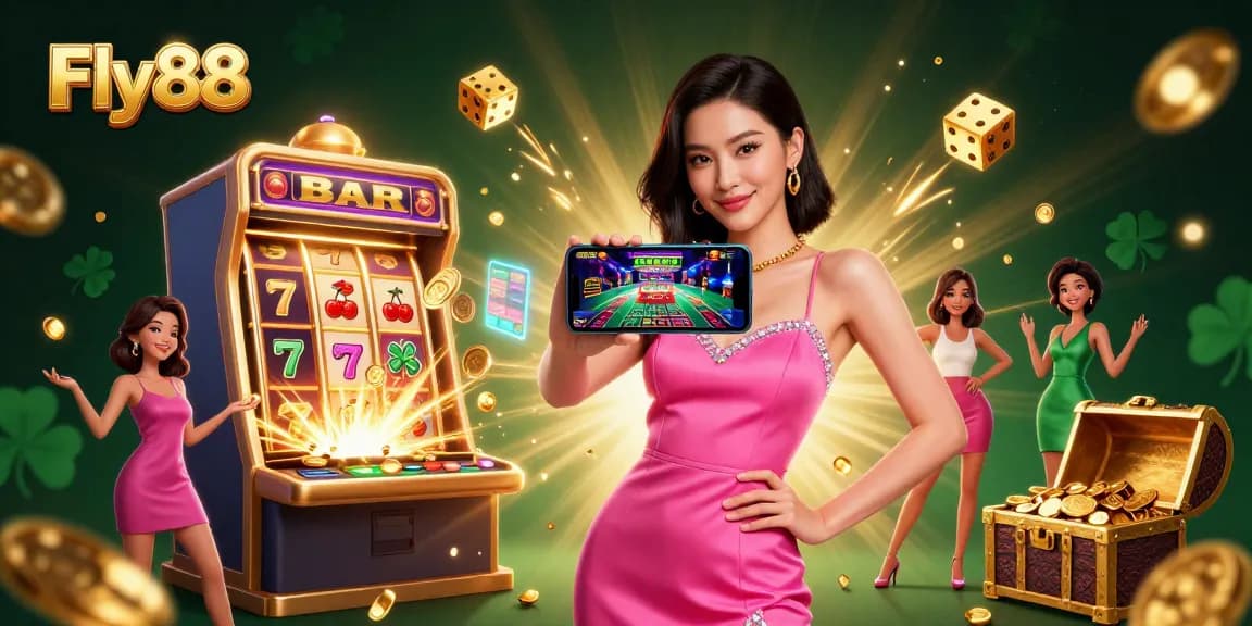 Experience exhilarating gaming adventures with Fly88, featuring live dealer games showcased on a smartphone against a vibrant casino backdrop.