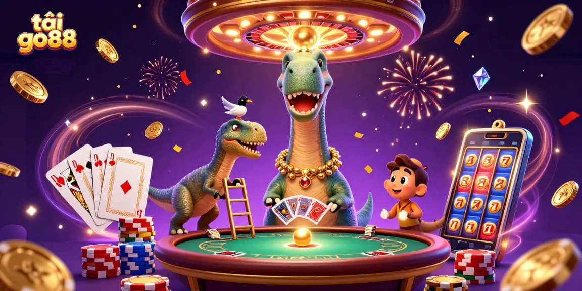 Experience the thrill of tải go88 as the brontosaurus towers over a lively casino scene with dynamic gaming elements.