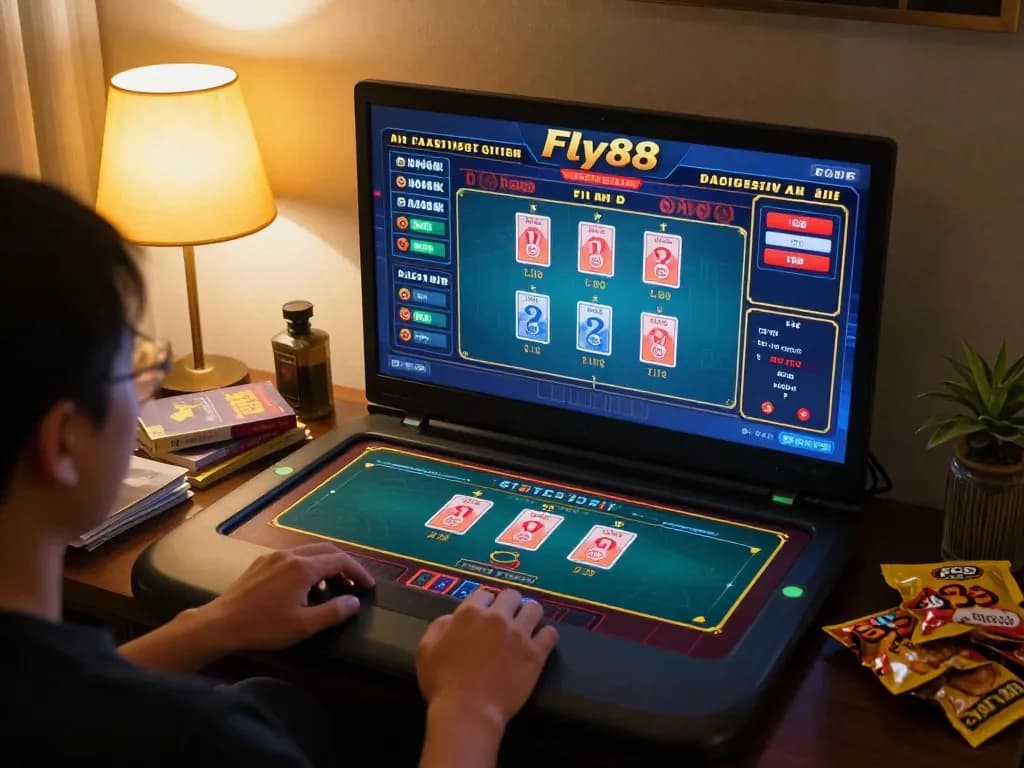 Engaging in a Fly88 online live dealer game at home, capturing excitement of interactive gambling.