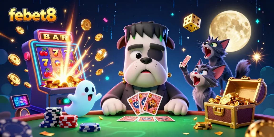 Join the excitement at febet8 with a lively 3D gaming scene featuring unique characters and casino action.