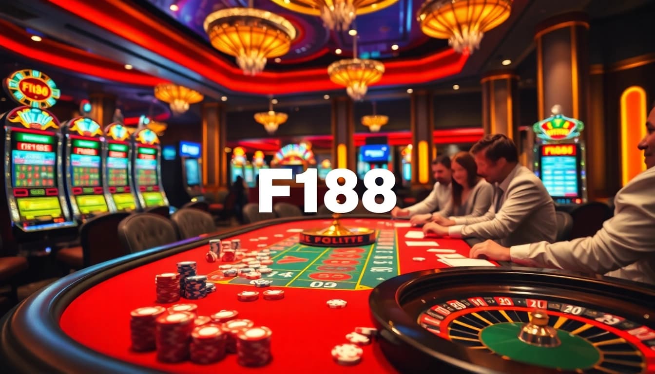 Experience the excitement of F168 at a luxurious casino poker table filled with chips and cards.