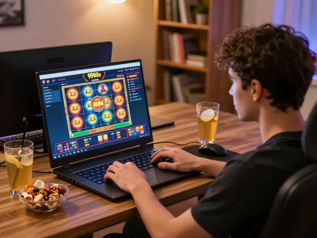 Engaging online gaming experience on 99Win with spinning slot reels and cozy setting
