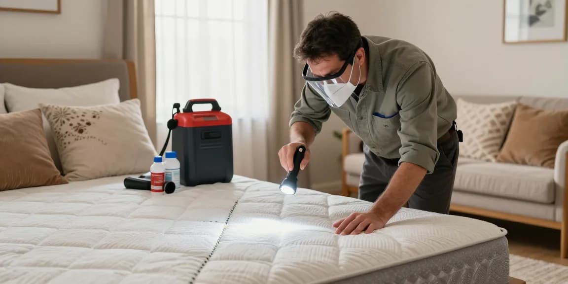 Bed bug exterminator inspecting a cozy bedroom with eco-friendly treatments.