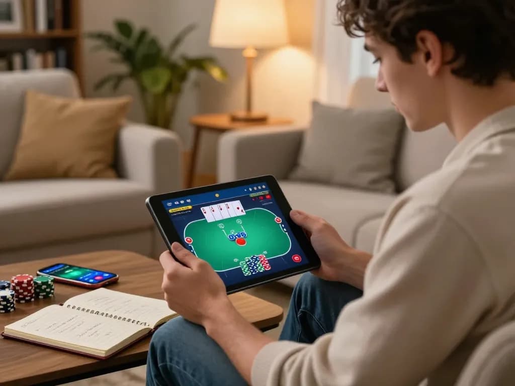 Player engaging in online poker on tablet at home, showcasing the fc88 gaming experience in a cozy setting.