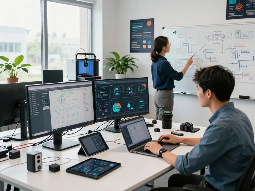 Innovative technology workshop scene with engineers collaborating on hbet data analysis, showcasing teamwork and creativity.