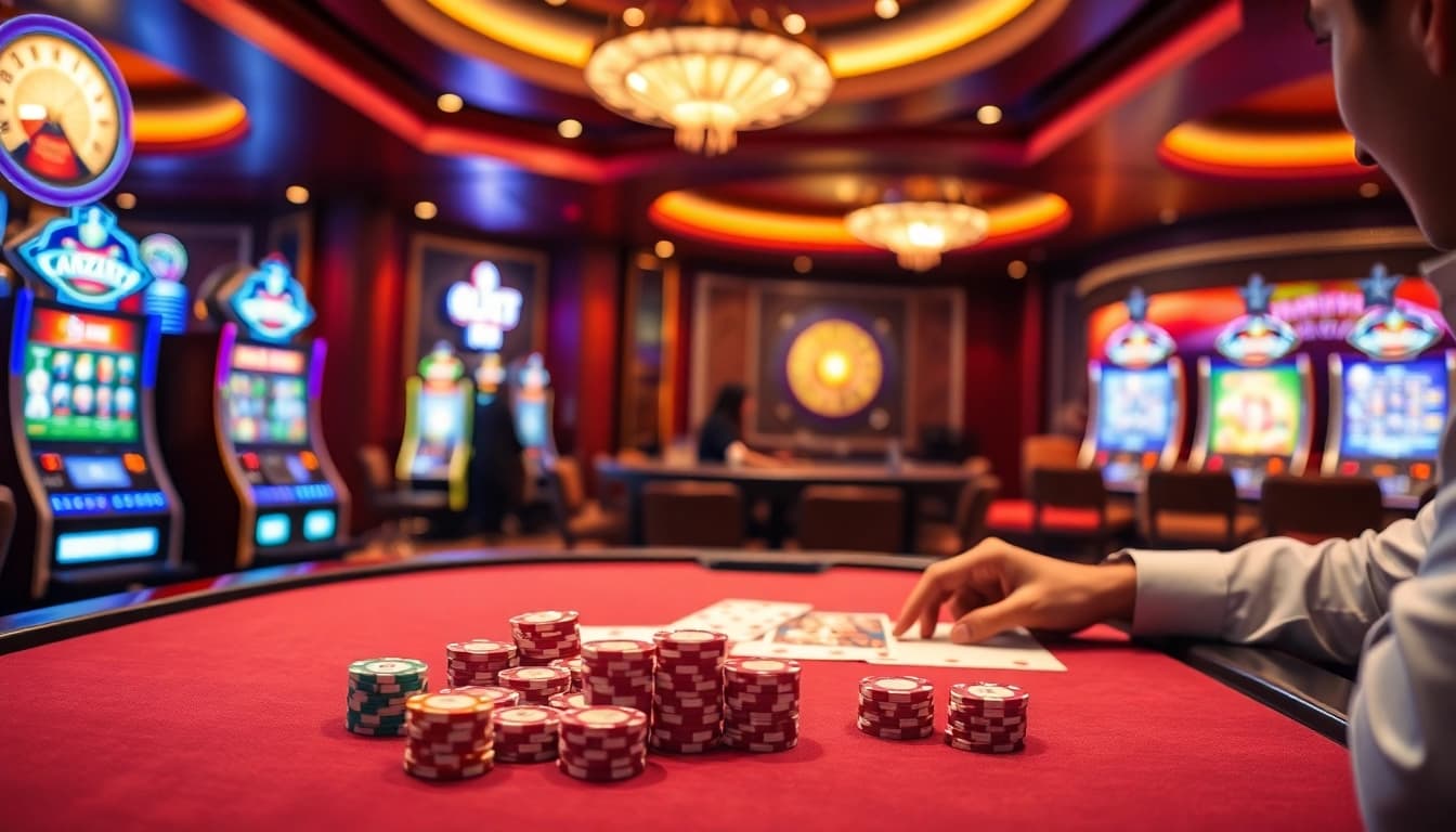 Hit club players strategizing over a lively casino table with poker chips and illuminated games.