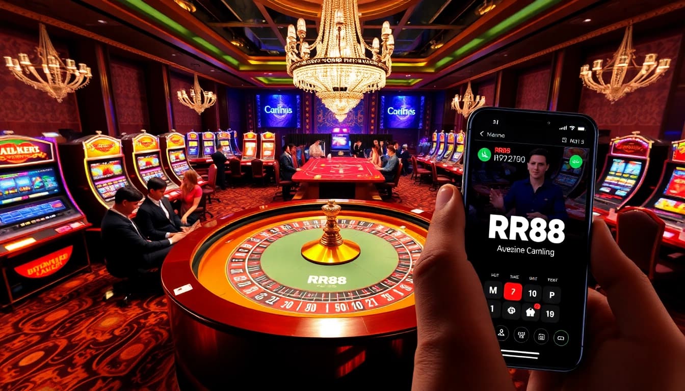 Excited players engaging in online gambling at RR88 casino tables with vibrant slot machines.