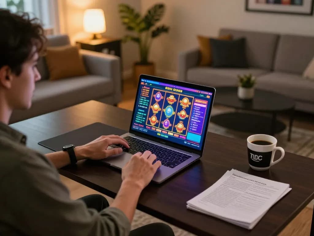 Engaged player enjoying a thrilling tr88bet slot game on their laptop at home.