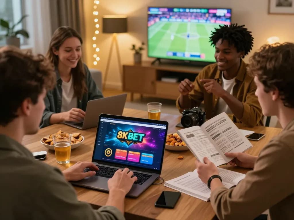 Friends enjoying a lively game night with 8KBET online platform visible on laptop.