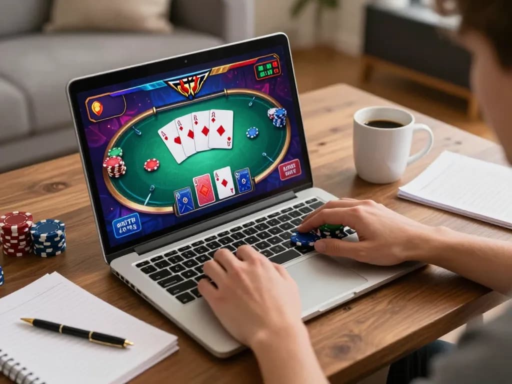 Player strategizing their online poker game on the laptop at home with 888new