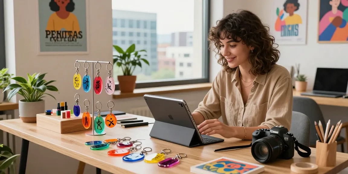 Engaged shopper exploring personalized keychains at a stylish workspace