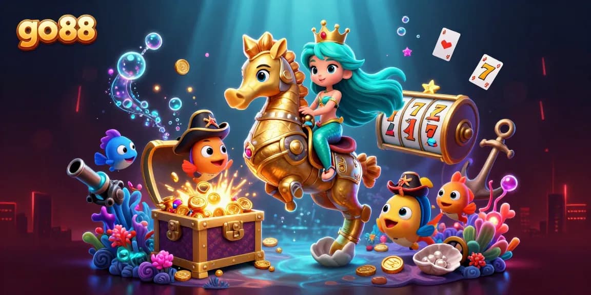 Engage with go 88 in this vibrant casino-themed underwater scene filled with slot reels and treasure.