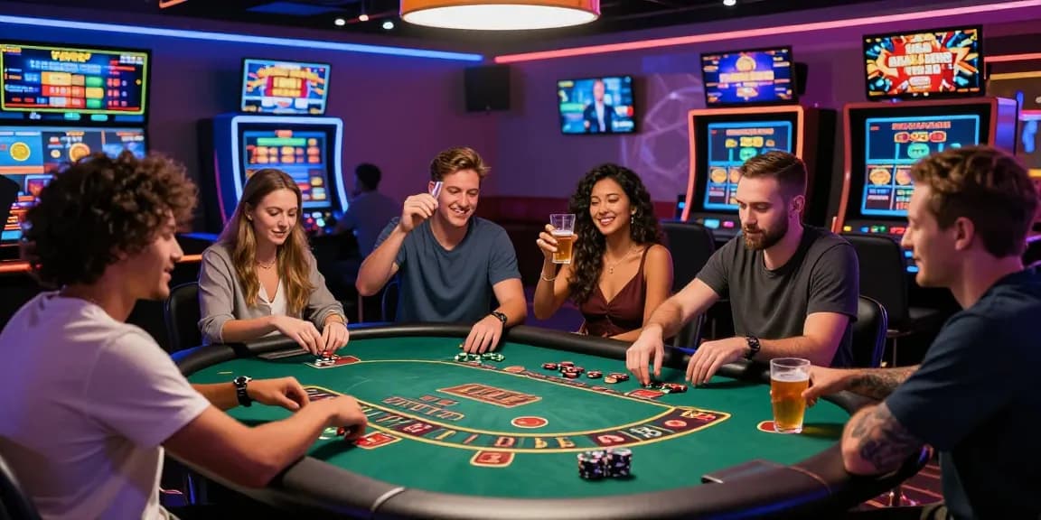 Exciting cm88 casino gaming scene with diverse players enjoying blackjack at a vibrant table, showcasing modern technology and lively atmosphere.