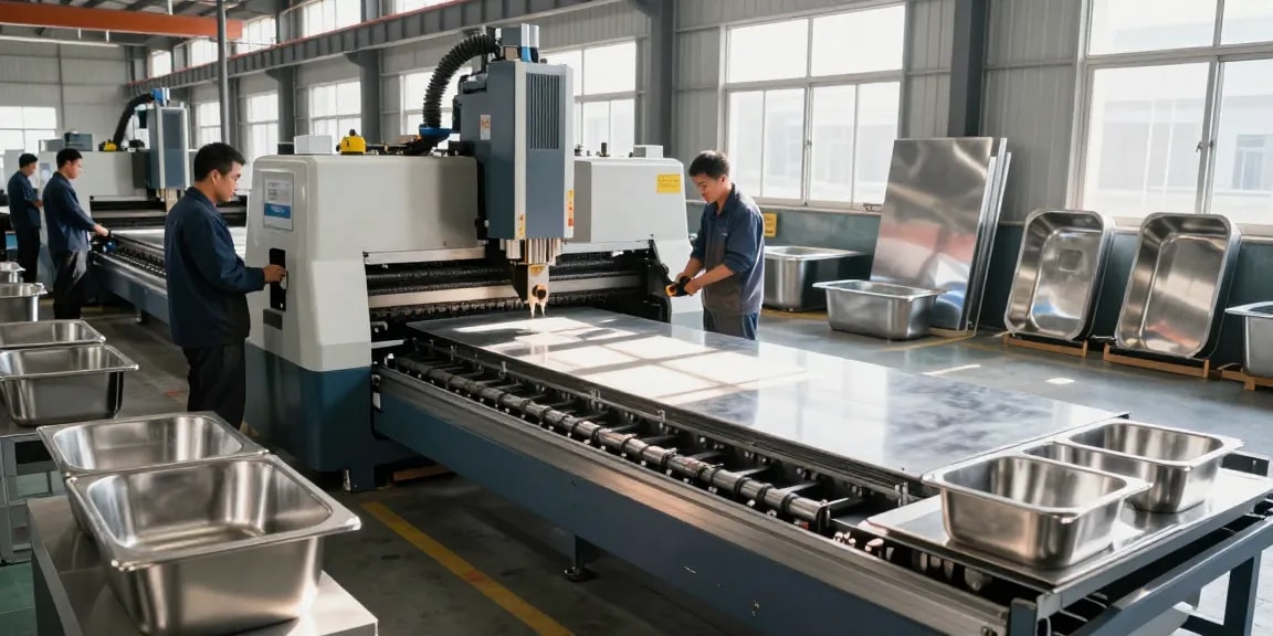 Stainless steel basin factory showcasing skilled workers and advanced manufacturing machinery in a clean industrial environment.
