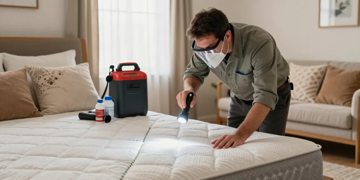 Bed bug exterminator inspecting a cozy bedroom with eco-friendly treatments.
