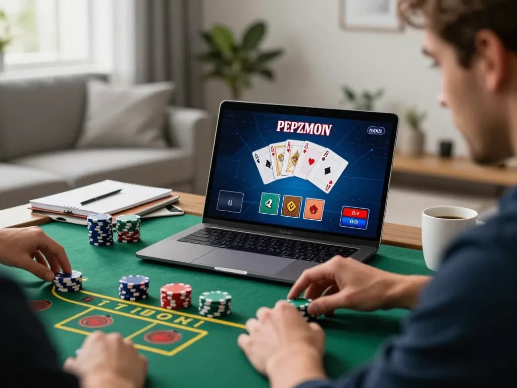 Players enjoying CM88 online blackjack gameplay on a laptop in a stylish home setting