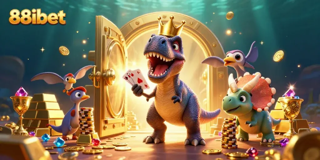 Experience the vibrant world of 88ibet with playful dinosaurs celebrating wins in a rich casino scene.
