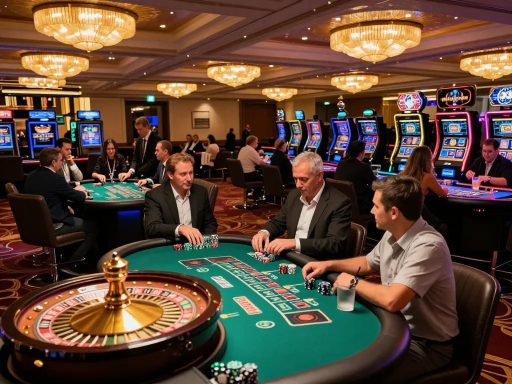 Players enjoying an exhilarating game at vipwin casino with vibrant gaming tables and active dealers