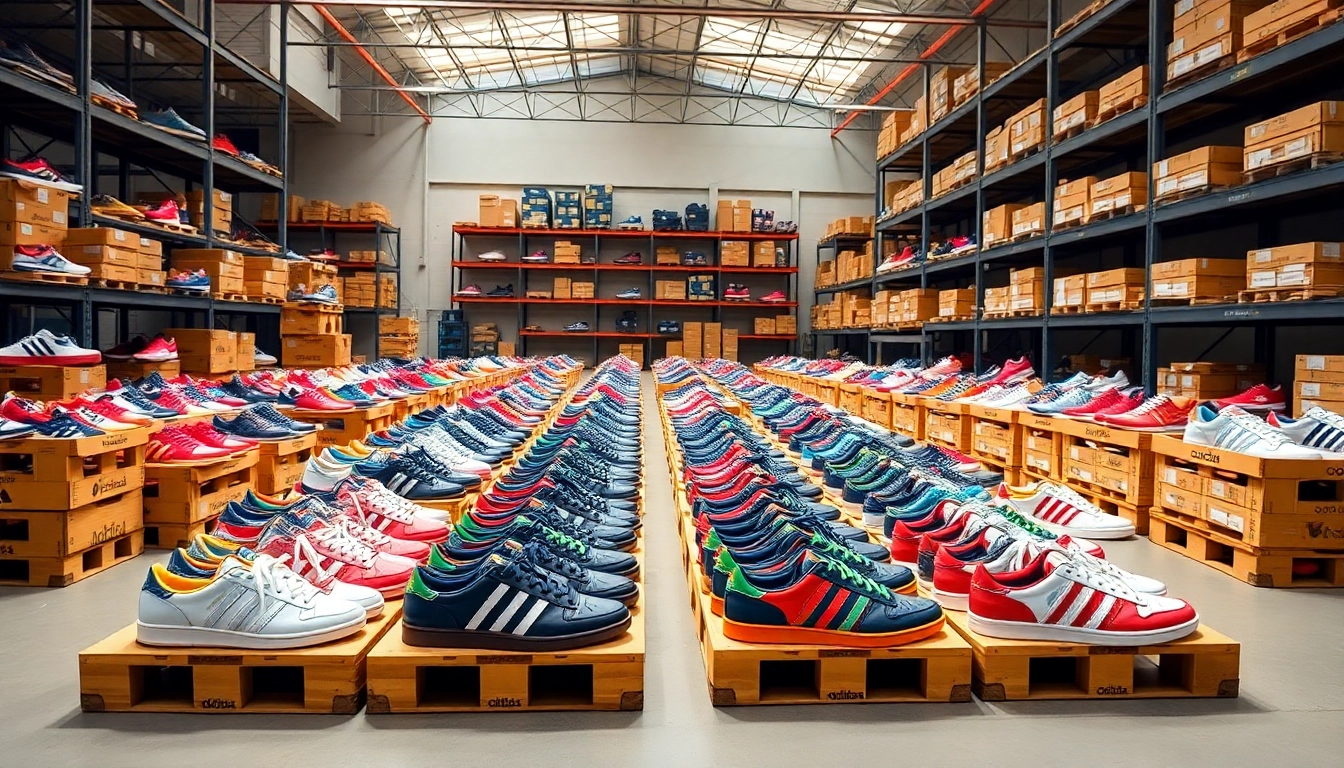 Showcase of Best Adidas Shoe Pallets (100 Pairs) with vibrant shoes in a bright warehouse setting.