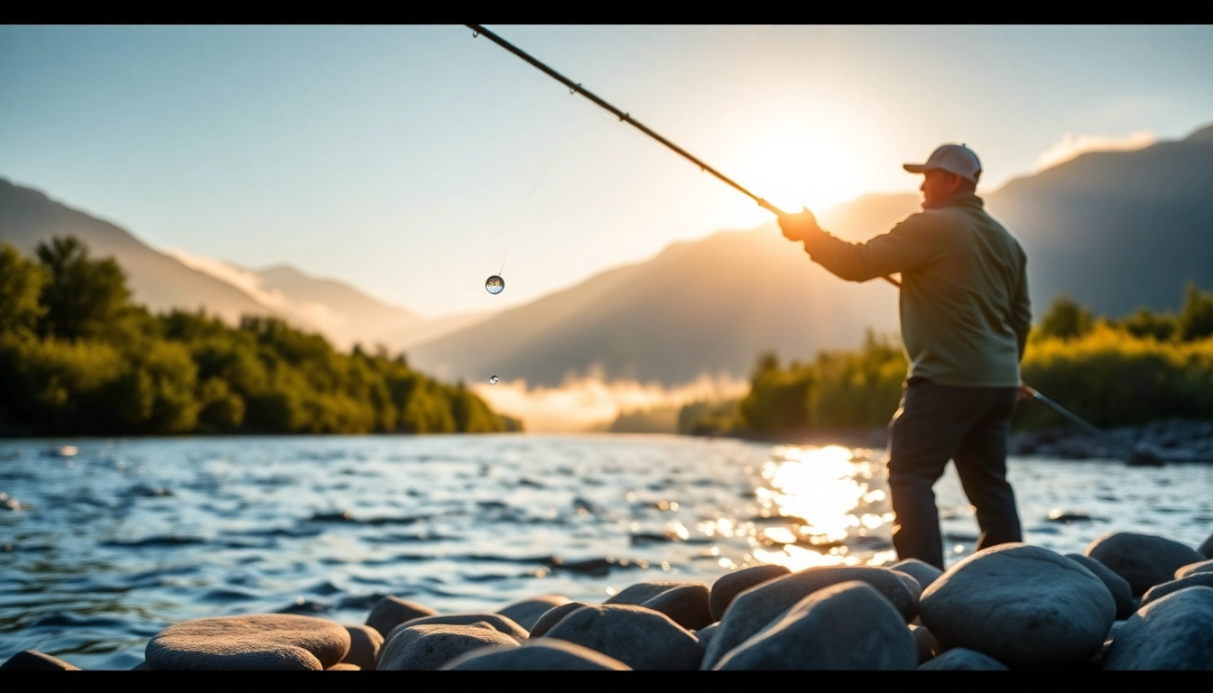 Fisherman showcasing the best fly fishing rods while casting on a tranquil river.