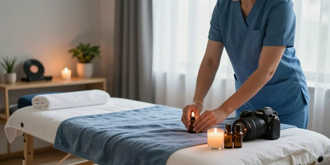 Experience relaxation with 은평구출장마사지 in a cozy home spa setting with oils and candles.