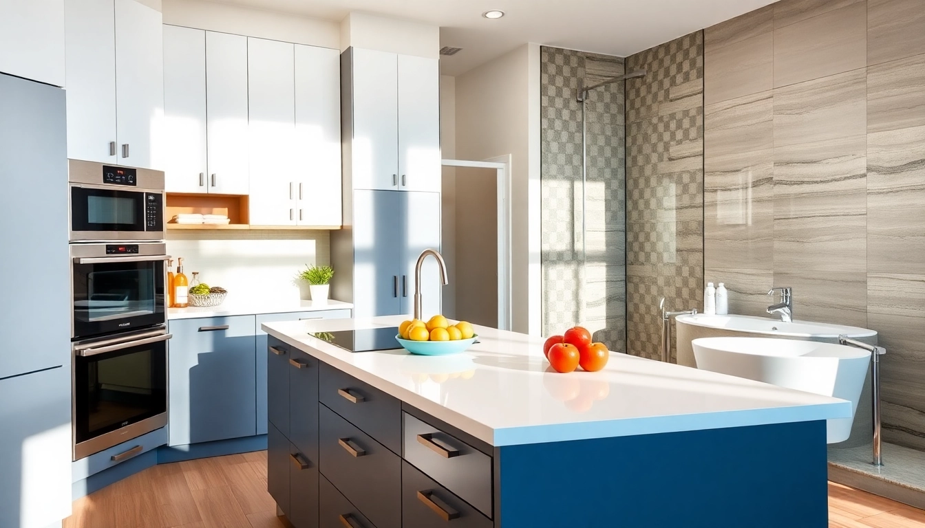 Engaging kitchen and bathroom renovation showcasing modern design elements and vibrant accents.