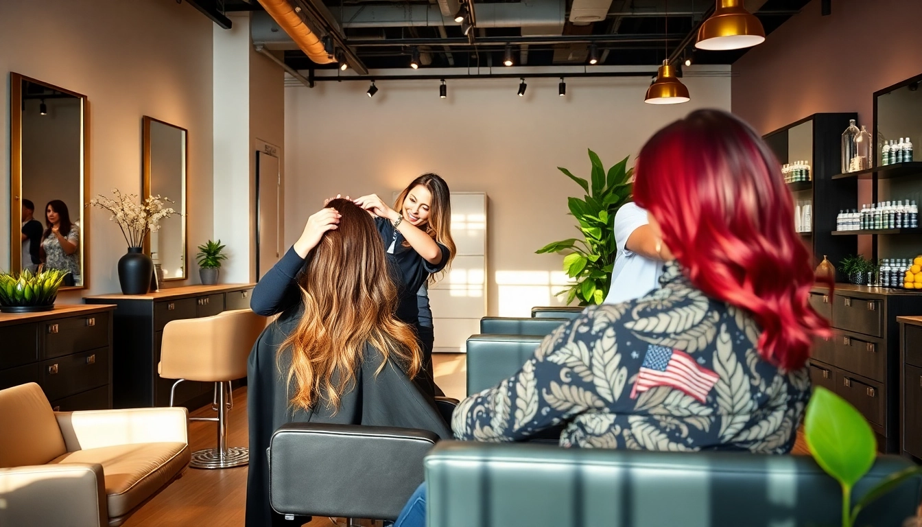 Vibrant hair salon San Diego showcasing expert hairstylists applying balayage and haircuts in a welcoming setting.
