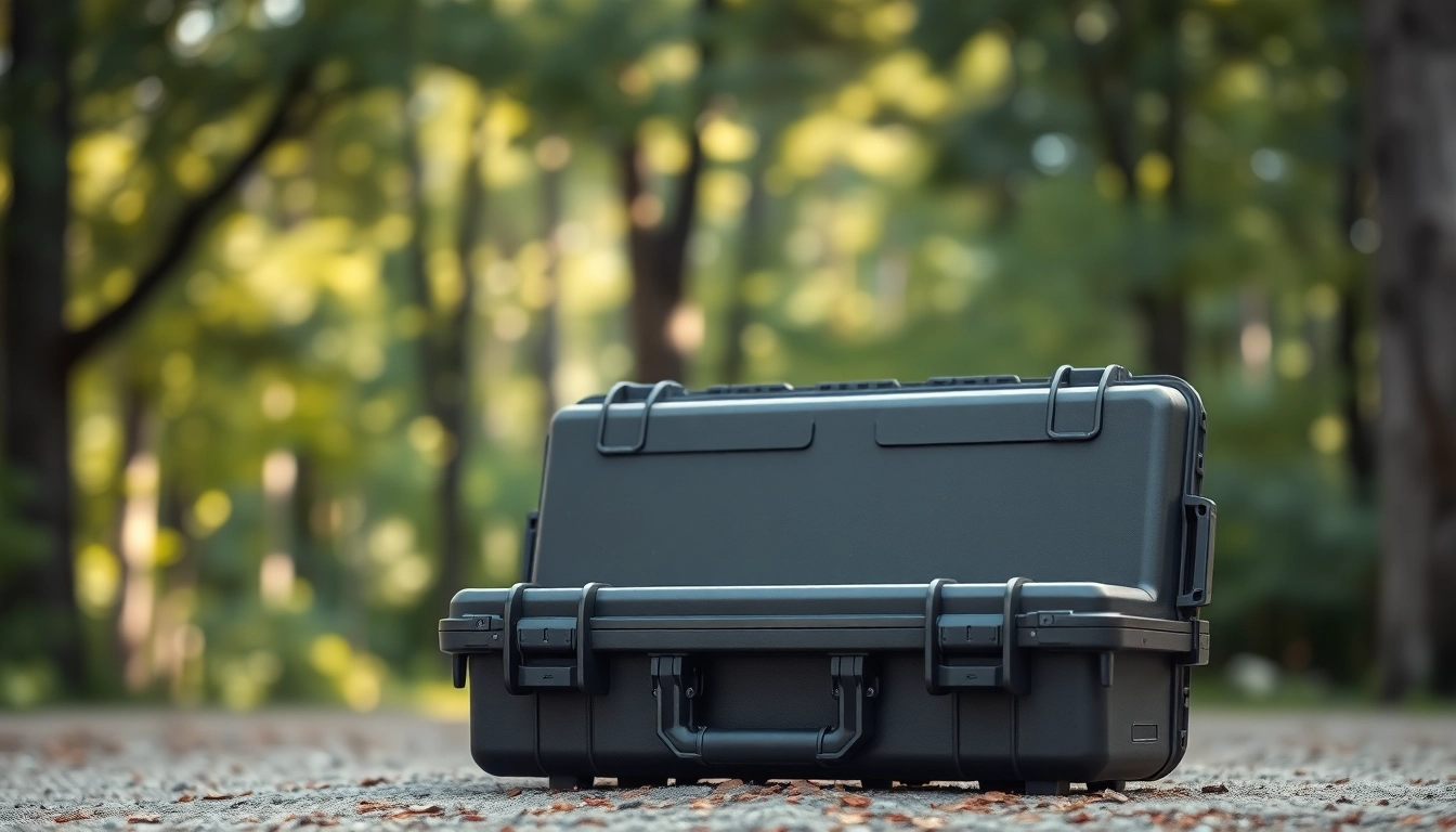 Showcasing a pelican gun case for sale in a scenic outdoor environment highlighting durability.
