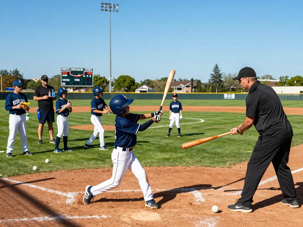 Hitclub youth baseball training scene on a sunny field with players practicing batting skills.